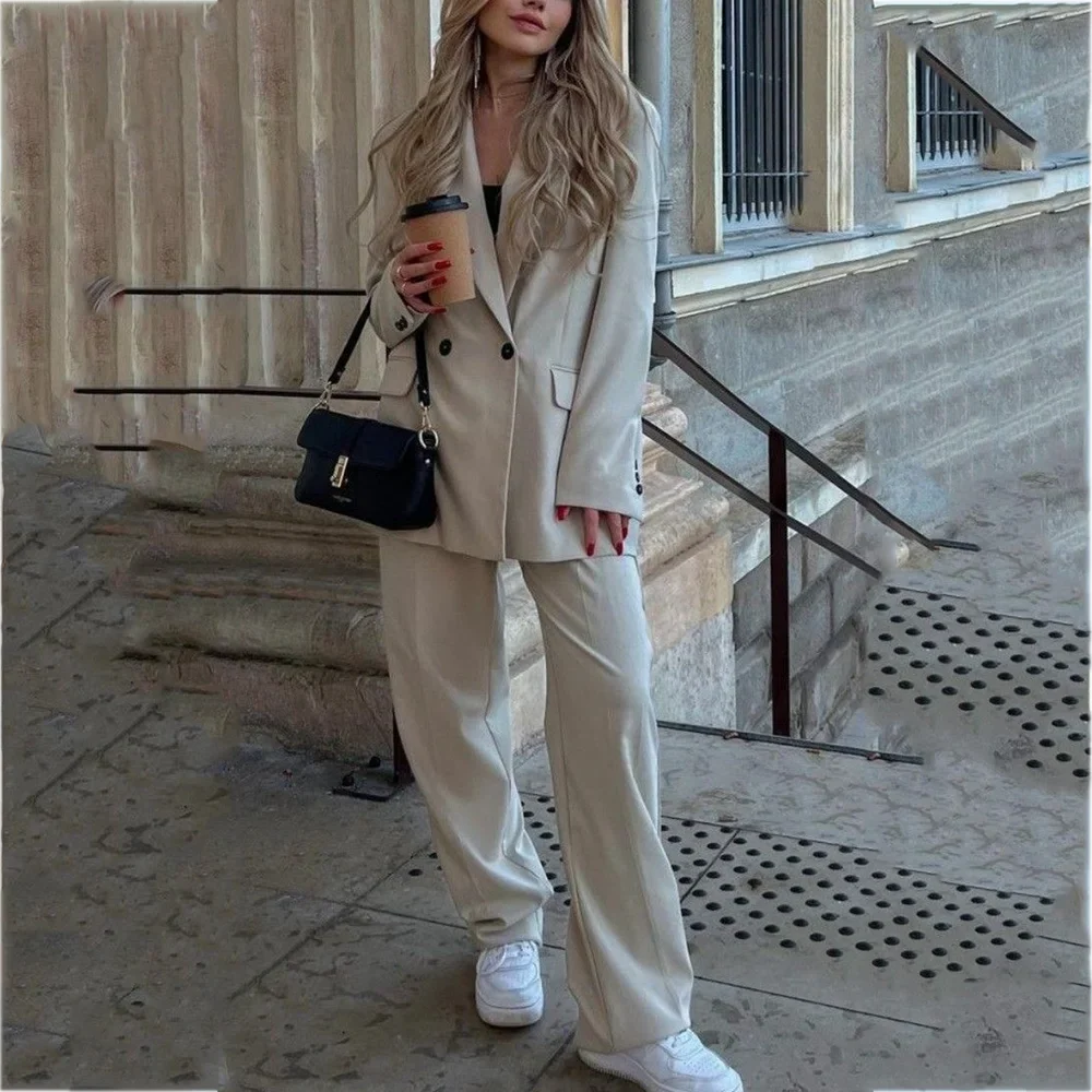 Sophisticated Women's Pant Suits Double Button Front Flat Loose Fit High Street Daily Shopping Casual Fashion Set Two Pieces
