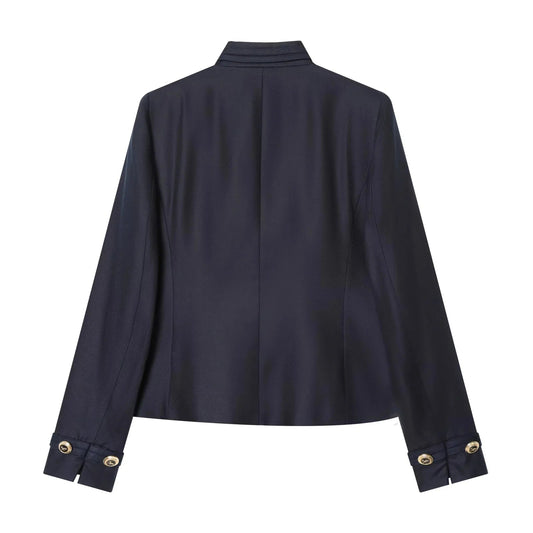 Elegant Casual Chic Women Blazer NavyBlue Buttons Stand Collar Slim Blazer Fashion 2026 Spring Summer Office Lady Blazer