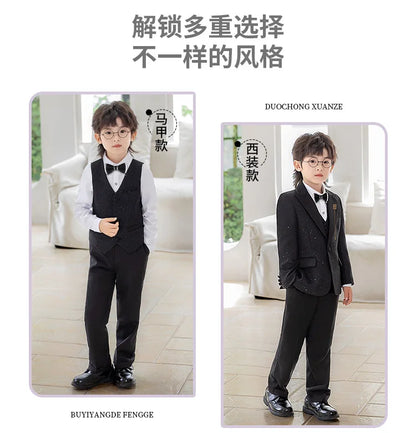 High Quality Boys Shiny Wedding Suits Kids Morning Coat Formal Dress Child Tuxedos Blazer Clothes Sets Toddler School Uniforms