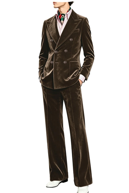 Men's Velvet Suit 2 Piece Double Breasted Peak Lapel Blazer & Straight Leg Pants for Formal & Wedding
