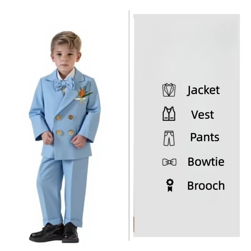 Flower Boys Wedding Outfit Kids Spring Autumn Jacket Vest Pants Bowtie Brooch 5Pieces Suit Set Children's Performance Costume