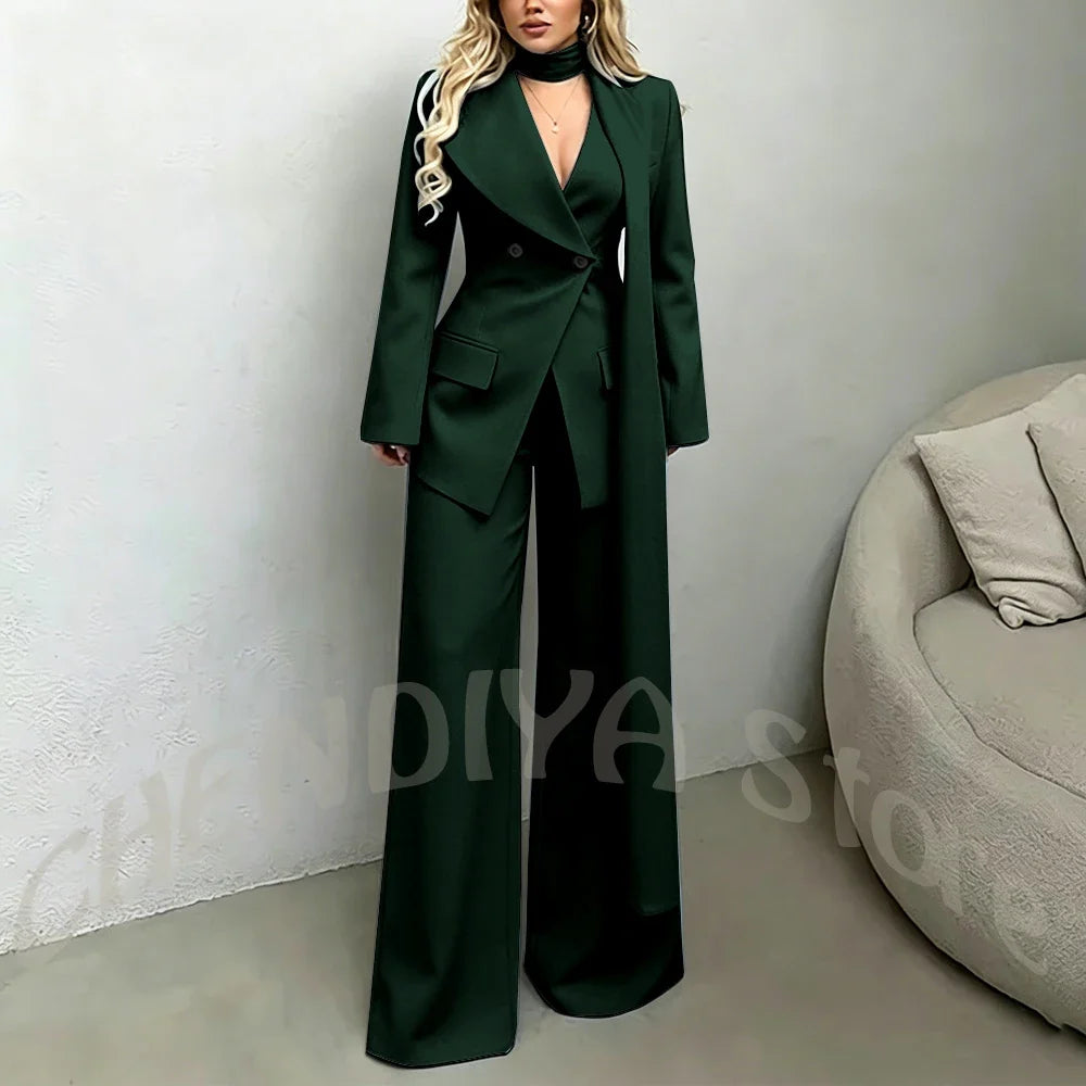 Classic Black Women Suit Set Double Breasted Asymmetrical Blazer Pants with Muffler Formal Office Elegant Two Piece Outfit