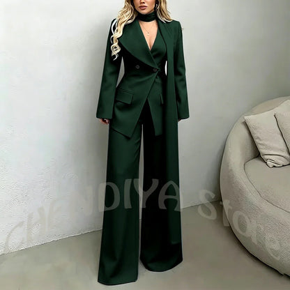 Classic Black Women Suit Set Double Breasted Asymmetrical Blazer Pants with Muffler Formal Office Elegant Two Piece Outfit