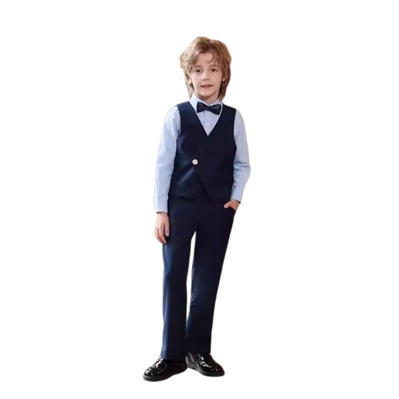 British Style Kids Piano Host Speech Performance Costume School Boys Vest Pants Bowtie 3Pieces Ceremony Clothing Set