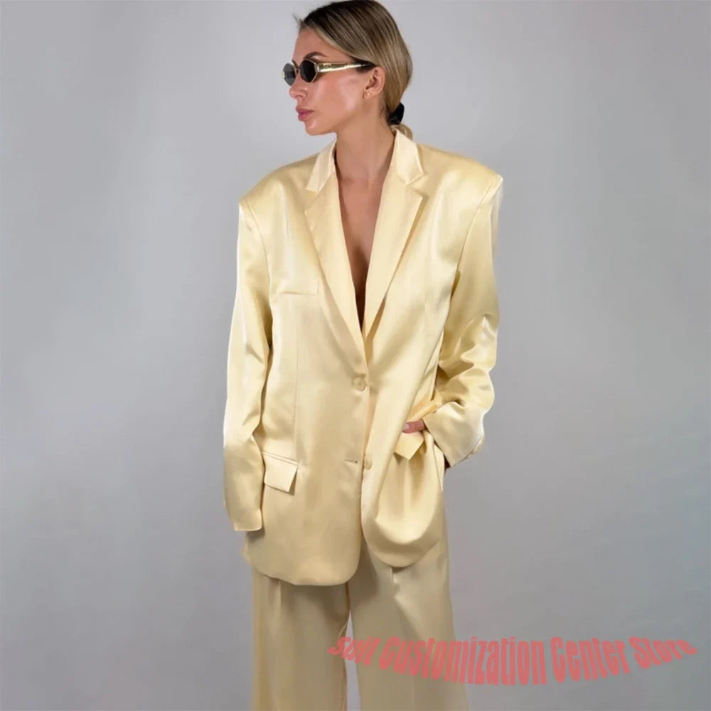 Casual Women's Yellow Satin Pants Set Single Breasted Loose Fit Suit Casual Formal Outfit for Daily Wear & Evening Parties