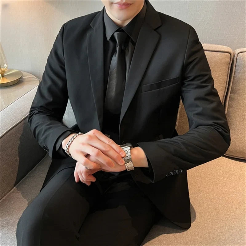 Men's Solid Black Straight-Fit Formal Suit – Business & Wedding Blazer and Pants Set