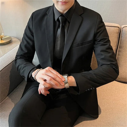 Men's Solid Black Straight-Fit Formal Suit – Business & Wedding Blazer and Pants Set