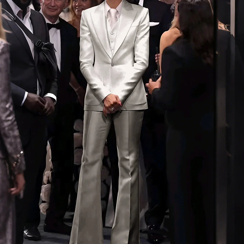 Women's White Satin Tailored Suit Set Slim Fit Jacket+Vest+Pants Formal Three-Piece Outfit for Prom Elegant Evening Party Wear