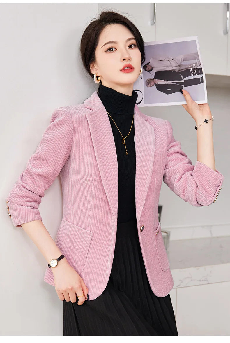 Autumn and Winter Blazer Women's Corduroy New Long Sleeve Professional Blazer Women's Coat Office Female Blazers Jacket Coat