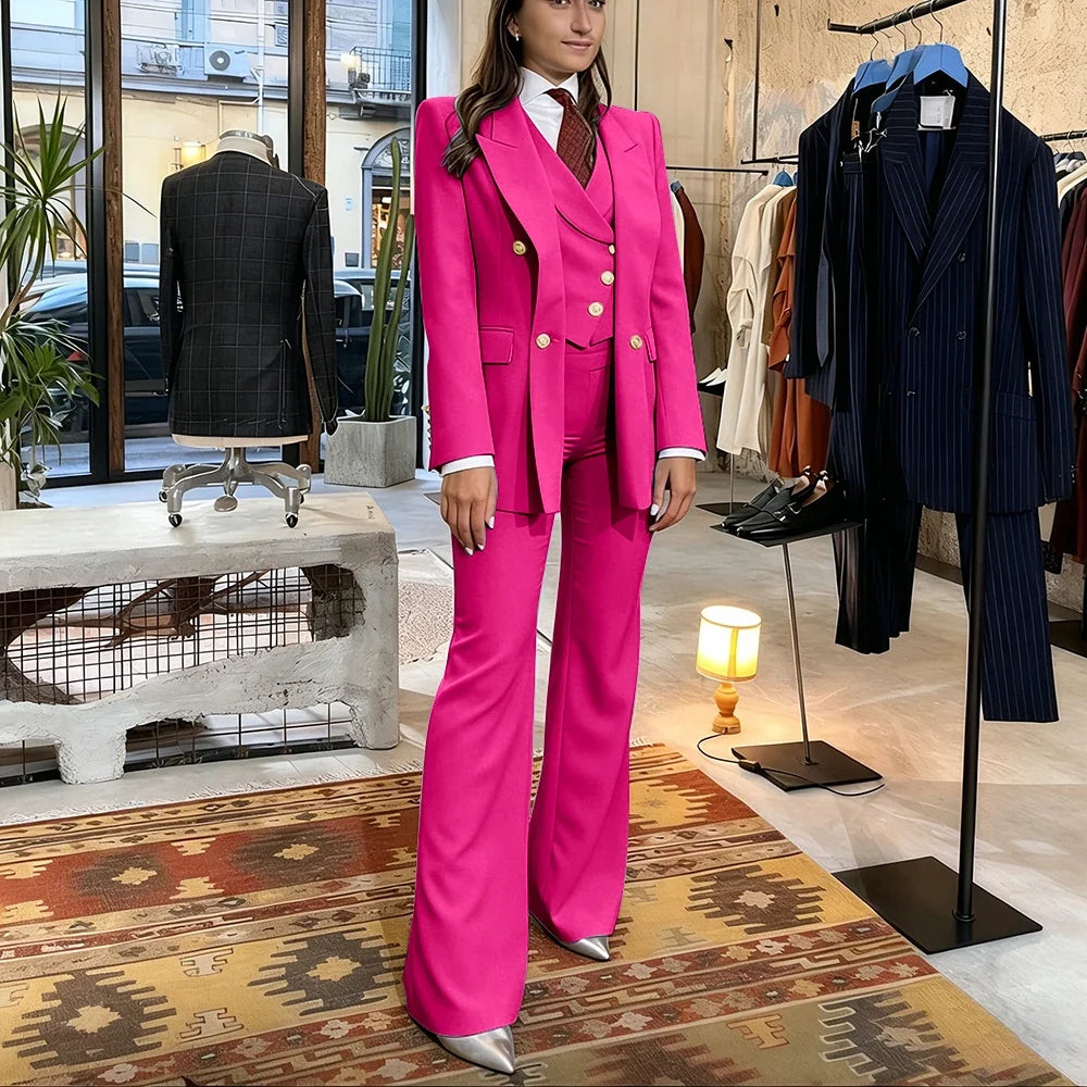 Elegant Women's Pink Double Breasted 3Piece Suit Autumn New Blazer+Vest+Pant Sets Formal Office Evening Party Outerwears