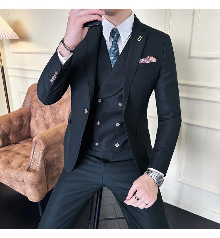 (Jackets+Pants+Vest) High Quality Men Slim Fit Party Tuxedos 3 Pieces Fashion Double Breasted Vest Design Business Wedding Suit