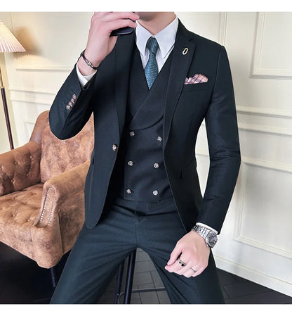 (Jackets+Pants+Vest) High Quality Men Slim Fit Party Tuxedos 3 Pieces Fashion Double Breasted Vest Design Business Wedding Suit