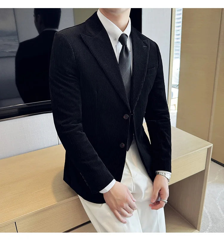 Corduroy Stripe Suit Jacket For Men Autumn Winter Business Slim Fit Tailcoat Formal Wedding Party Fashion Casual Suit Coat 4XL-M