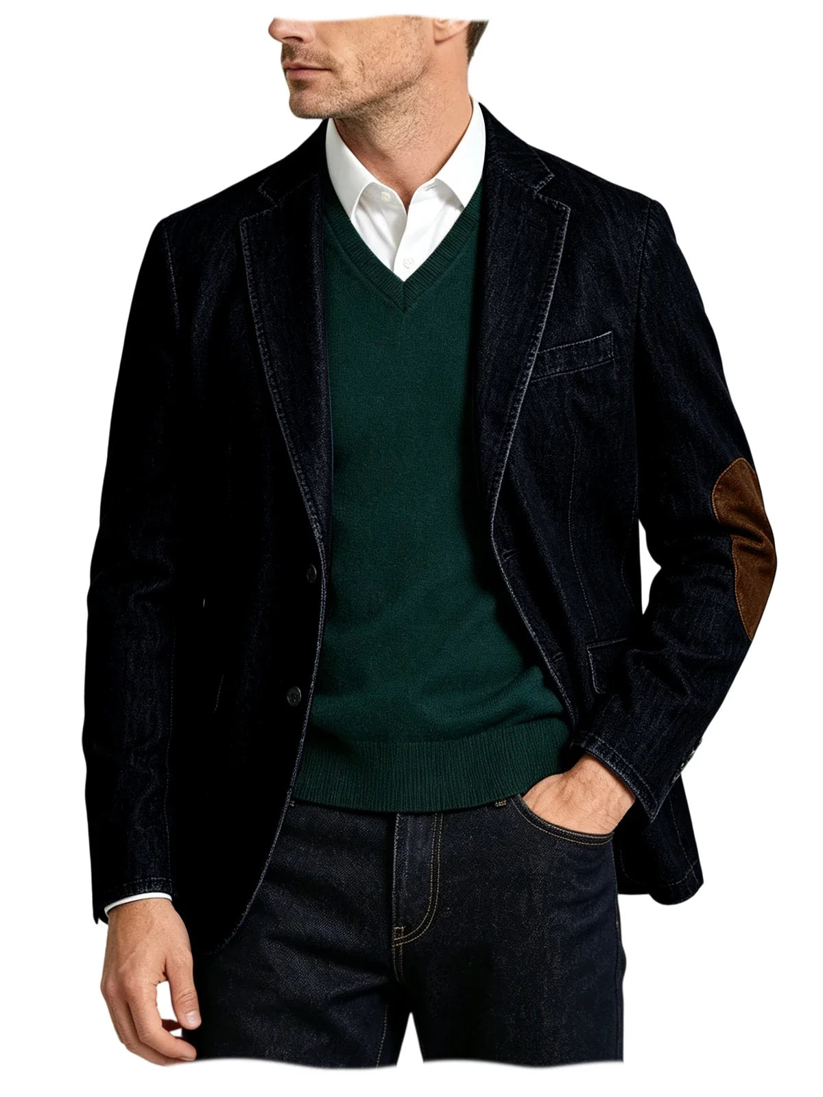 Men's Denim Blazer Suit with Suede Elbow Patches – Slim Fit, Casual & Business Wear