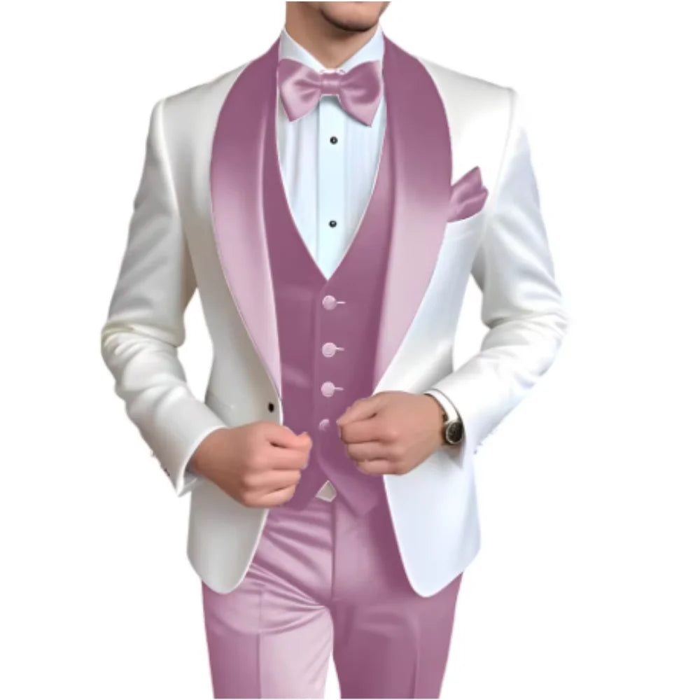 Men's 3-Piece Suit with Scarf Lapel — Single-Breasted Tuxedo for Weddings & Formal Events