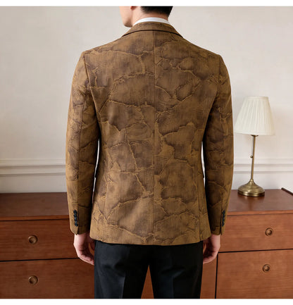 Men's Embossed Suede Blazer Smart Casual Single Breasted Jacket for Everyday Wear
