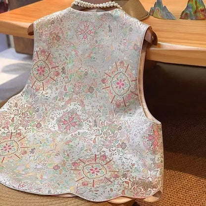 New National Style Chinese Vest Women Spring Autumn On Both Sides Sleeveless Jacket Female Bright Silk Embroidery Vest Waistcoat