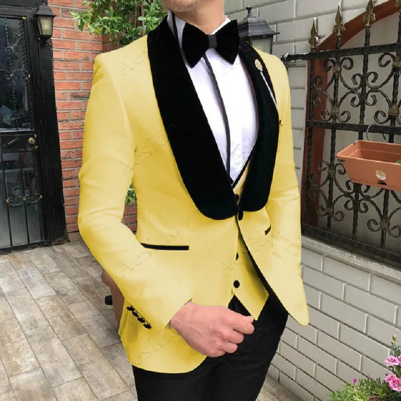 Fashion Men's Suit 3 Pieces Slim Fit Prom Tuxedos Tweed Shawl Lapel Wedding Grooms Blazer Vest Pants Wholesale