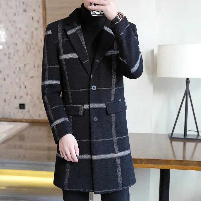 Korean Fashion Woolen Coat Men's Mid-Length Slim-Fit Trench Youth Business Casual 2023 Autumn Winter New Style