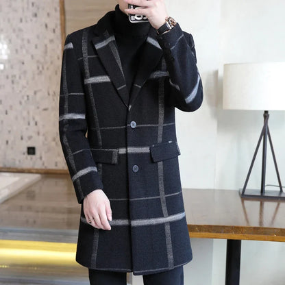 Korean Fashion Woolen Coat Men's Mid-Length Slim-Fit Trench Youth Business Casual 2023 Autumn Winter New Style