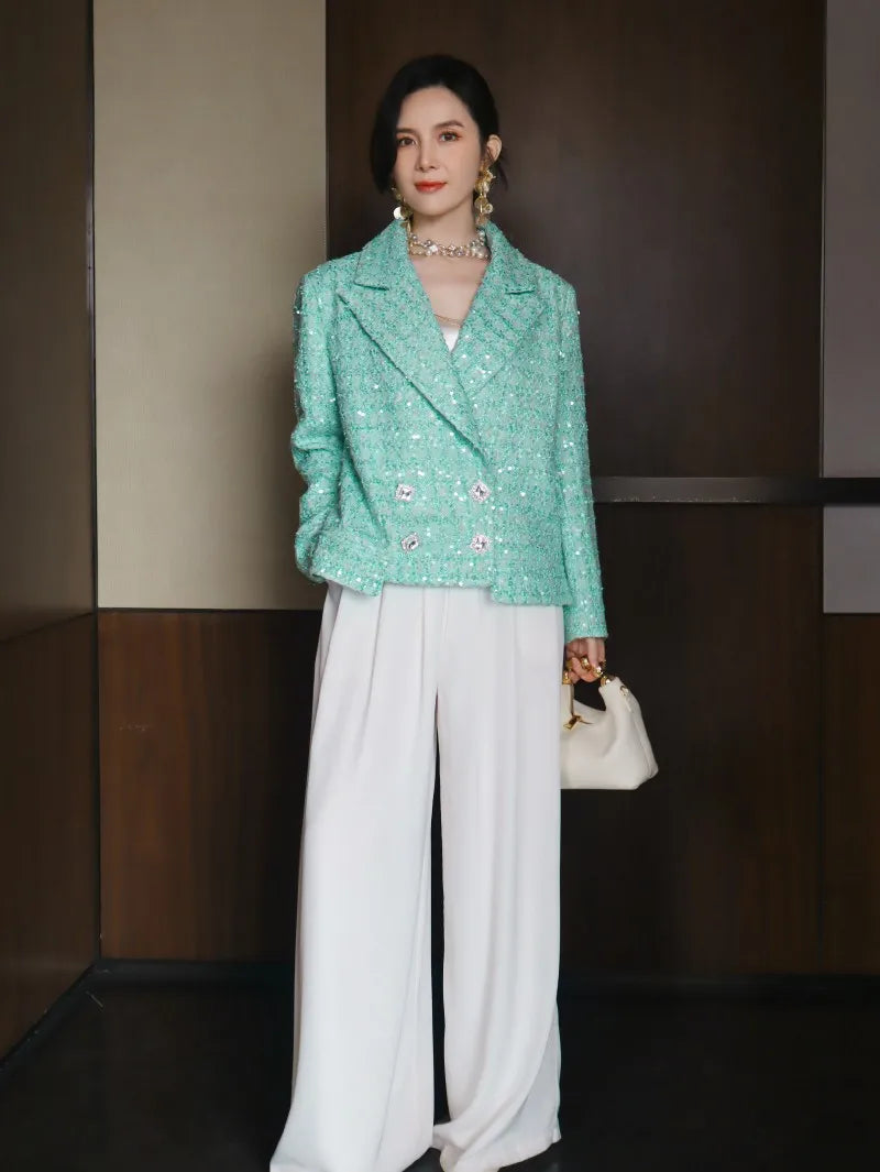Elegant Women Spring Sequined Tweed Jacket Fashion Office Lady Doubil Breasted Short Coat Turn Down Collar Long Sleeve Outerwear