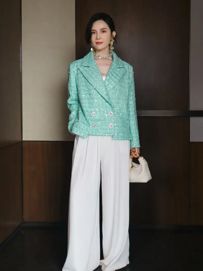 Elegant Women Spring Sequined Tweed Jacket Fashion Office Lady Doubil Breasted Short Coat Turn Down Collar Long Sleeve Outerwear