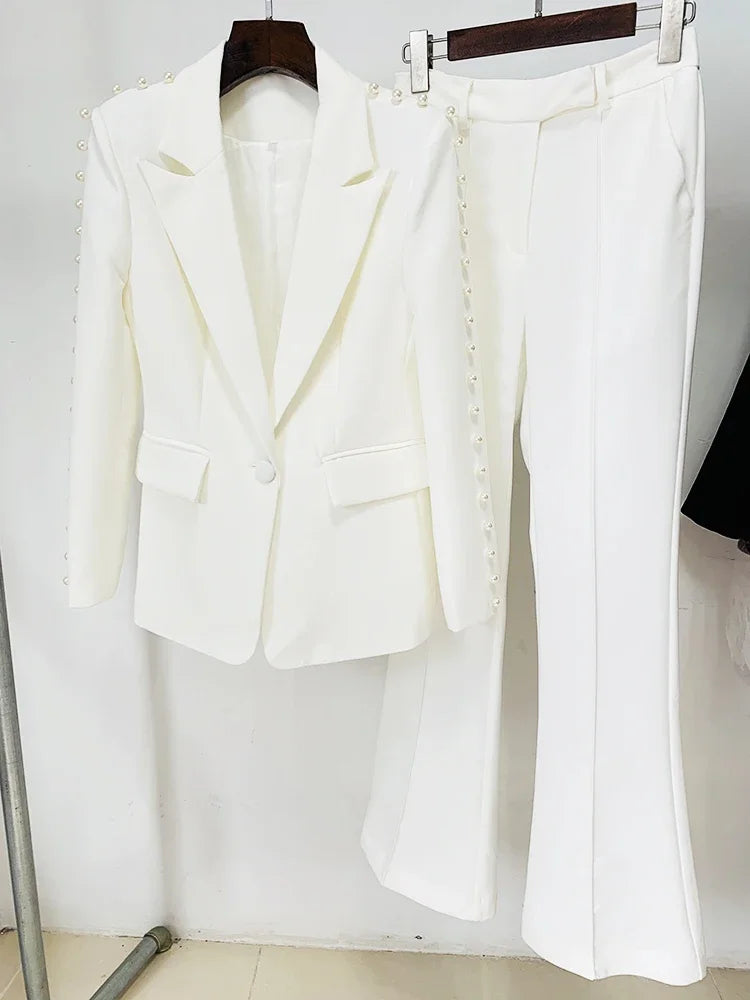 Fashion White Women Pants Sets Elegant Pearls Single Button Peak Lapel 2 Piece Chic Party Formal Solid Suits (Blazer+Pants)