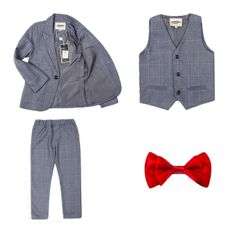 Boys Dark Green Formal Wedding Party Suit Children Blazer Vest Pants Tie 4 PCS Tuxedo Kids Performance Photography Dress Costume