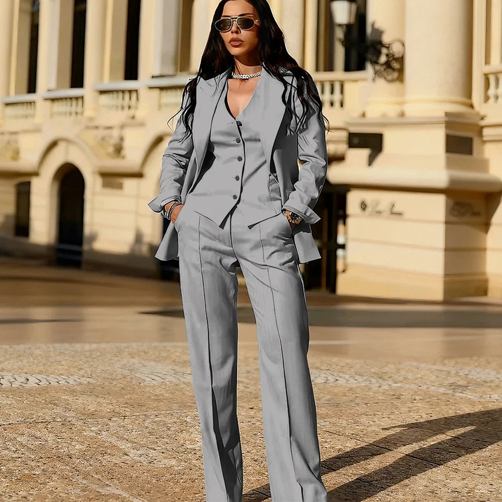 Light Blue 3 Piece Suit Set New Women's Jackets Single Breasted Peaked Lapel Blazer+Vest+Pants Formal Office Commute Outfit