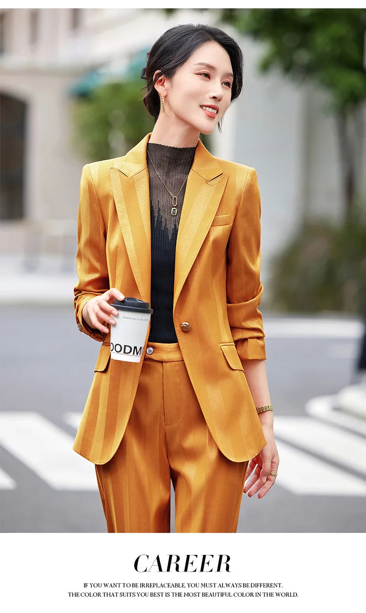 Women Blazer Pants Sets Yellow Two Pieces 2024 Autumn Workwear Trousers Formal Striped Navy Blue Long Sleeve Tops Pantsuit