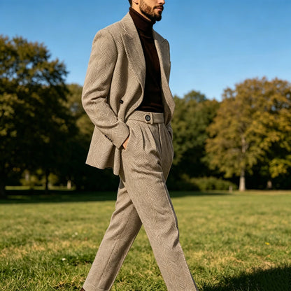 Men's Herringbone Suit 2-Piece Set – Double Breasted Blazer & Trousers for Wedding & Business