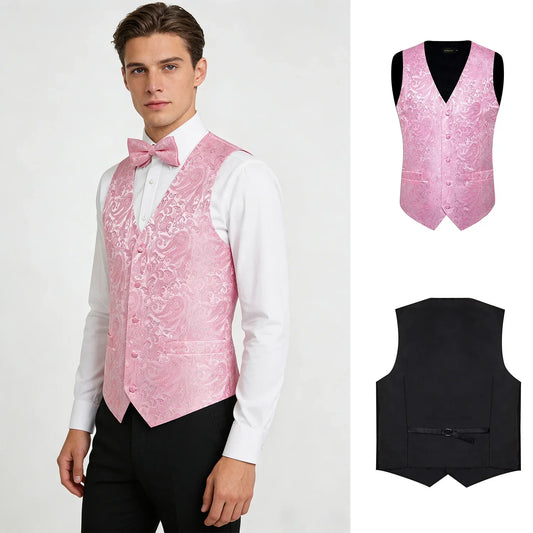 Men's Vest and Bow Tie Set – Pink Paisley Jacquard Waistcoat for Weddings and Formal Events