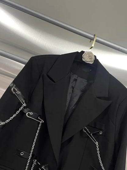Fashion Chain Pin Design Women Blazers Black Suit Jacket Loose Fit Classic Shoulder Padded Coat Lapel Autumn Banquet Outerwear