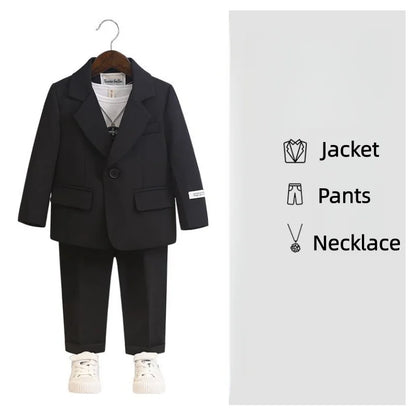 Children's Spring Autumn Piano Host Performance Costume Flower Girl Wedding Dress Kids Jacket Pants Necklace 3Pieces Suit Set