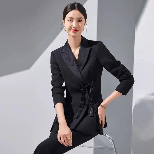 Chinese Style Women Jacket Pant Sets Two Piece Elegant White Black Outfit Business Formal Blazer Suits Trousers Office Lady