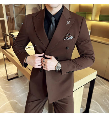(Jackets +Pants ) Men's Suits 2 Piece High-Quality Double Breasted Lapel Solid Business Groom Wedding Tuxedo Banquet Clothing