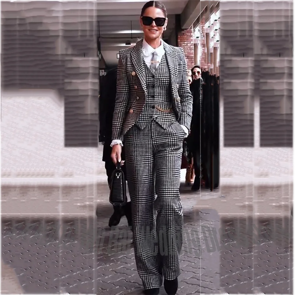 Women Houndstooth 3 Pieces Suit Blazer Vest Pants Slim Fit Peak Lapel Office Lady Wedding Guest Party Business Formal Outfit
