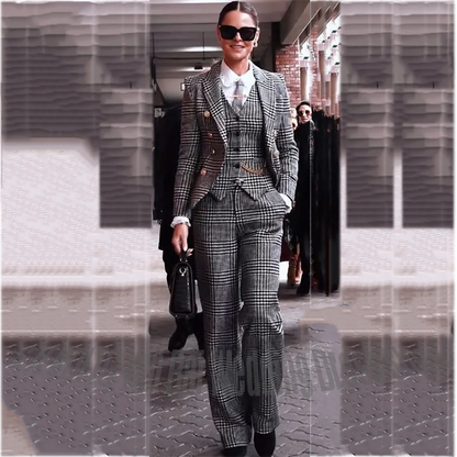 Women Houndstooth 3 Pieces Suit Blazer Vest Pants Slim Fit Peak Lapel Office Lady Wedding Guest Party Business Formal Outfit