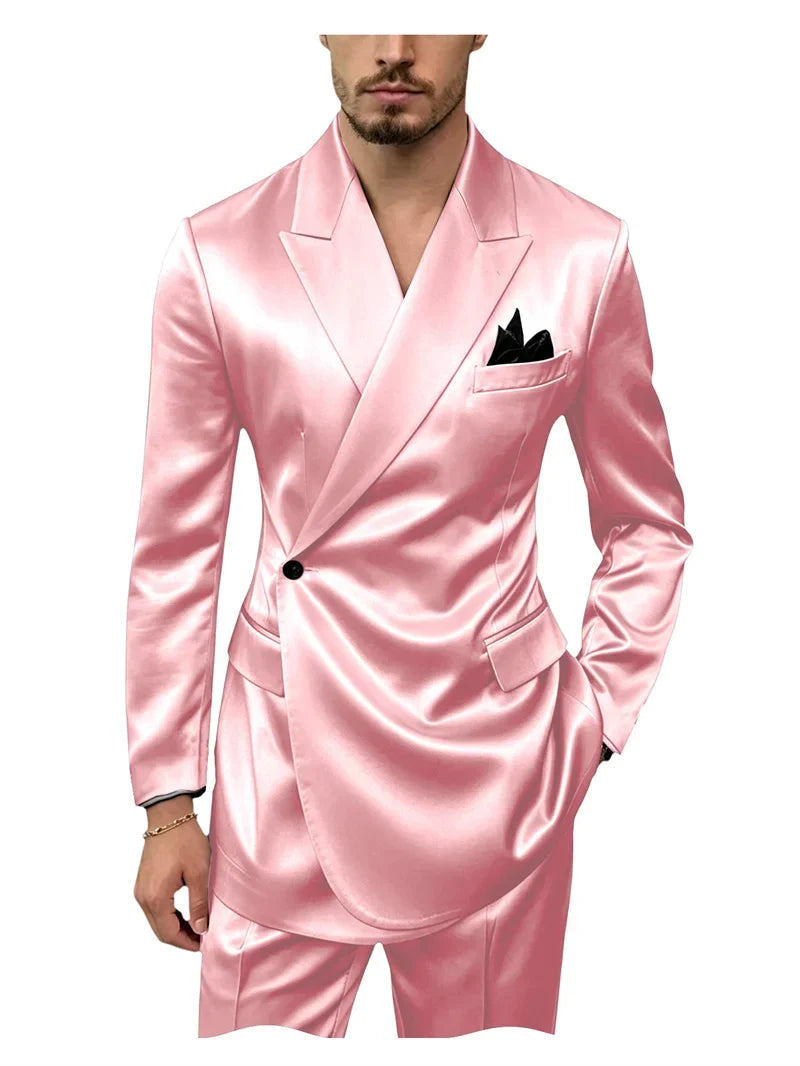 Men's 2 Piece Satin Suit Asymmetrical Wrap Peak Lapel Suit One Button Slim Fit Blazer Pants Wedding Formal Evening Luxury Outfit