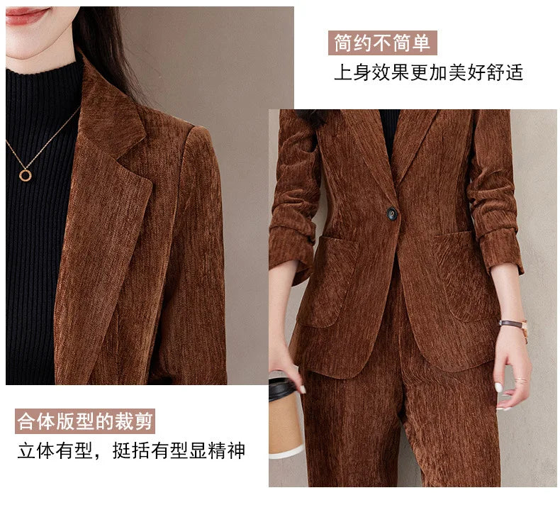2024 Autumn New Corduroy Elegant Pant Suit Ladies Formal Business Work Wear 2 Piece Set Black Coffee Jacket Blazer And Trouser