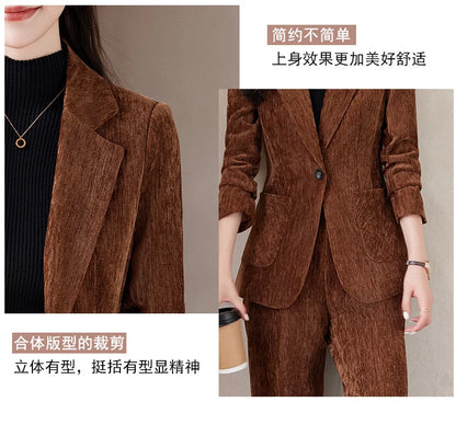 2024 Autumn New Corduroy Elegant Pant Suit Ladies Formal Business Work Wear 2 Piece Set Black Coffee Jacket Blazer And Trouser