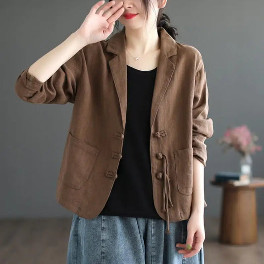 Women's Chinese Style Linen Blazer Vintage Button Decor Loose Casual Suit Jacket