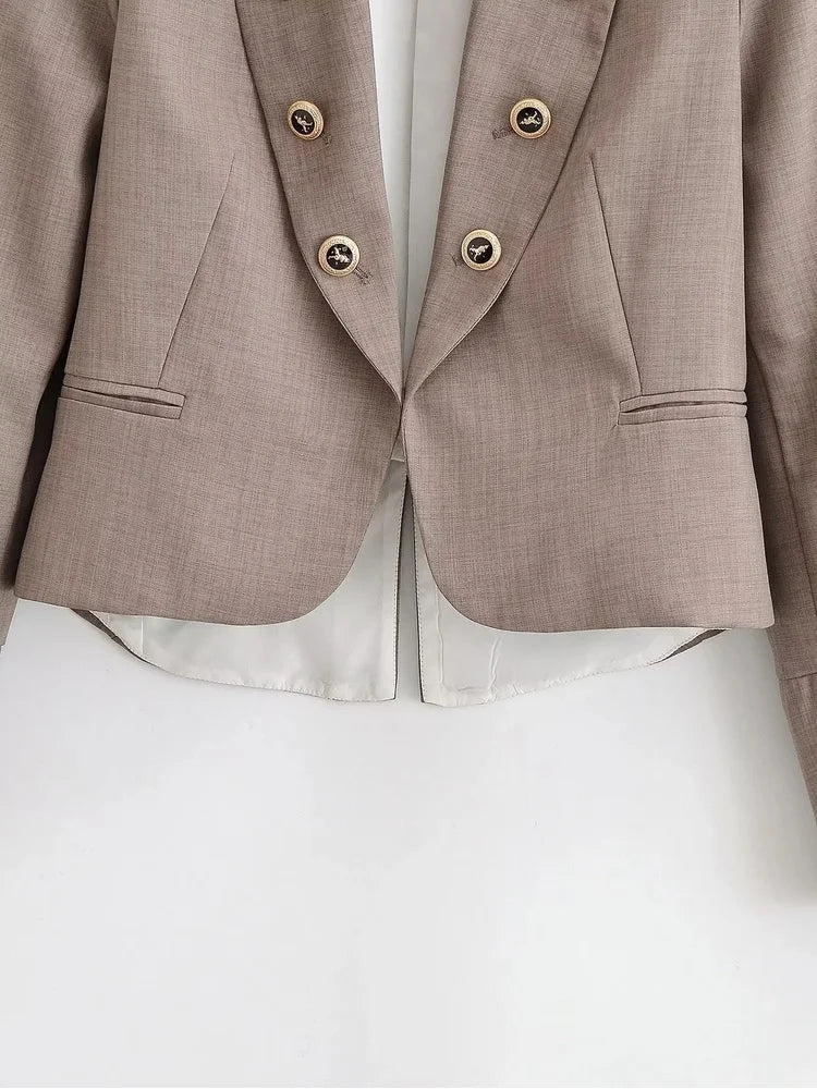 Elegant Women Cropped Blazer Jacket Double Breasted Button Slim Fit Short Suit Coat Office Lady Chic Tailored Blazer Top