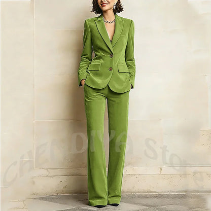 Purple Velvet Women Suit Two Pieces Classic Peaked Lapel Straight Outfit Single Breasted Tailored Elegant Lady Set Jacket Pants