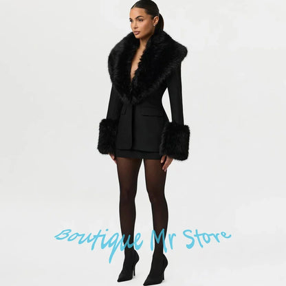 Black Faux Fur Woman Clothes Luxe Fashion Two Piece Blazer+Skirt Suit Set Elegant Formal Party Jacket Slim-Fit Evening Outerwear