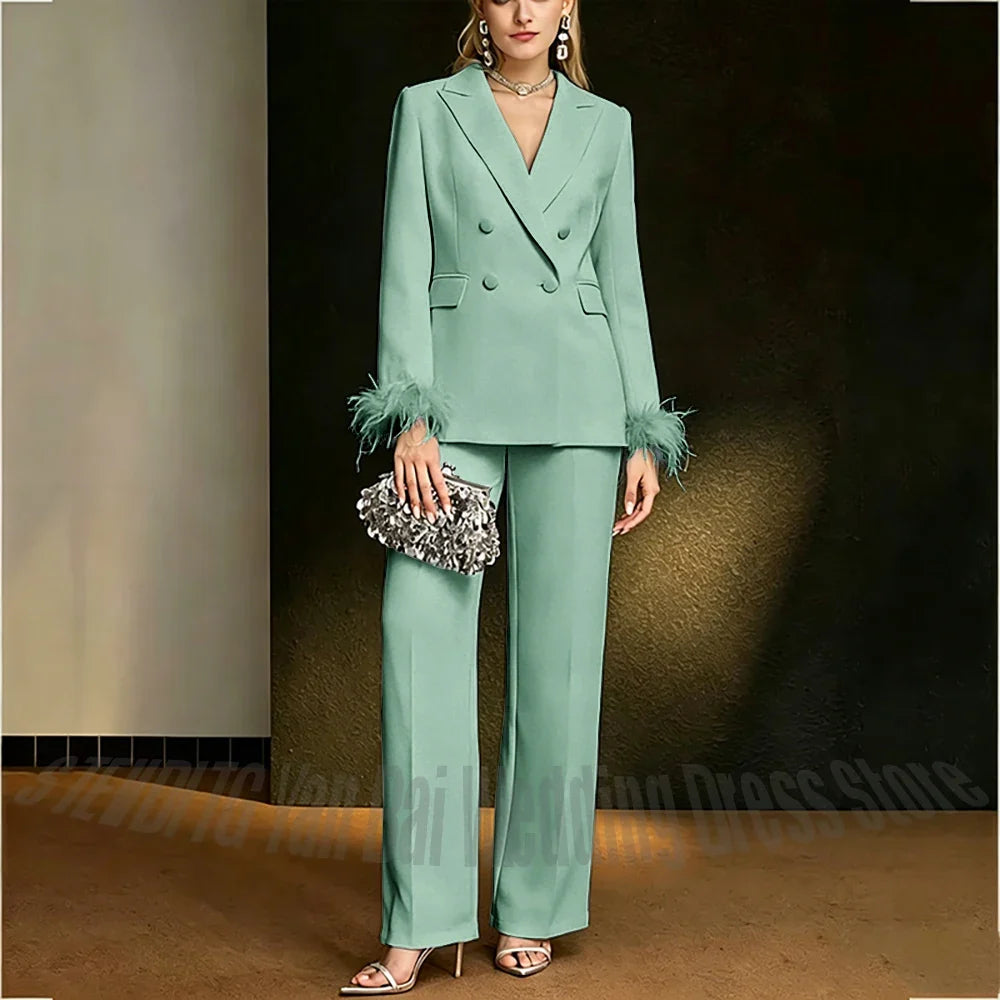 Luxury White Feather Women's Suit Elegant Classic Double Breasted Jacket Pants Formal Evening Party Wedding Guest Outfit