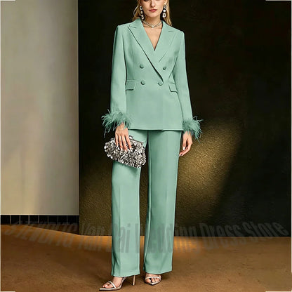 Luxury White Feather Women's Suit Elegant Classic Double Breasted Jacket Pants Formal Evening Party Wedding Guest Outfit