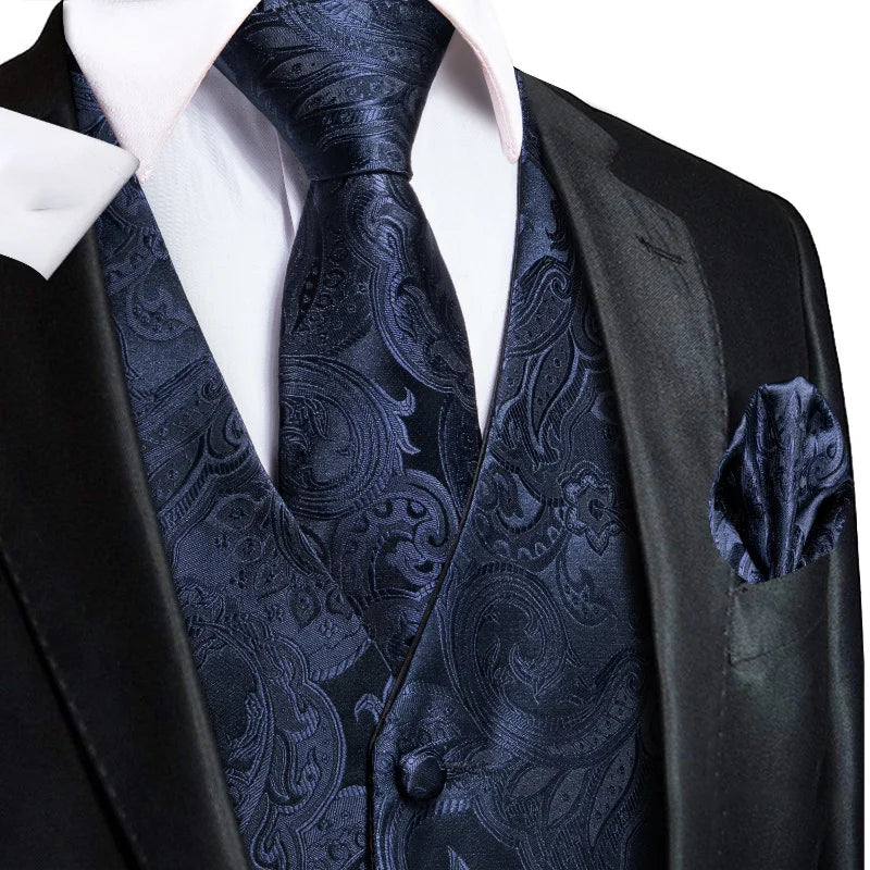 Men's Double Breasted Paisley Jacquard Waistcoat Set with Necktie & Pocket Square for Weddings and Tuxedo