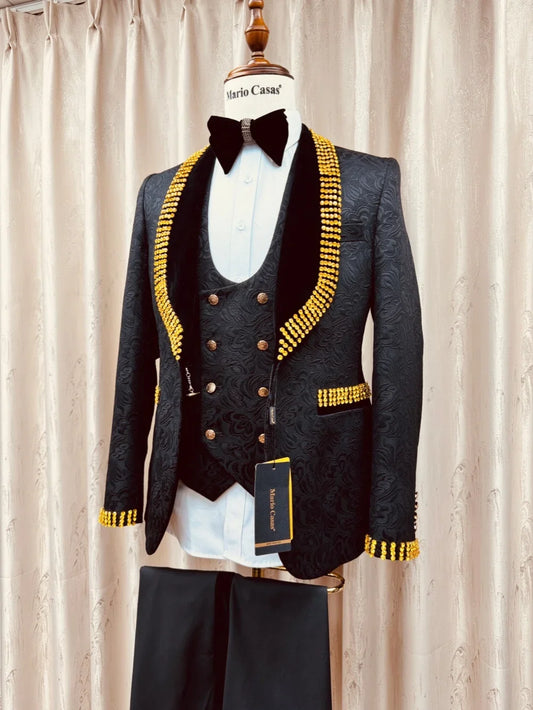 Jacquard Men's Handsome Suit Set 3 Pieces banquet Party Wear Golden Beaded Man Slim Fit Suits Wedding Groom Sets S-3XL Tuxedo