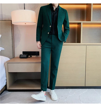 2025 New Waffle Blazers +Pant 2 Piece Set Men Fashion Business Slim Fit Solid Tuxedo Groom Wedding Prom Wear Casual Men's Sets